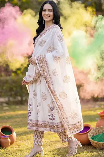 Women Ethnic Motifs Printed Regular Pure Cotton Kurta with Trousers & With Dupatta