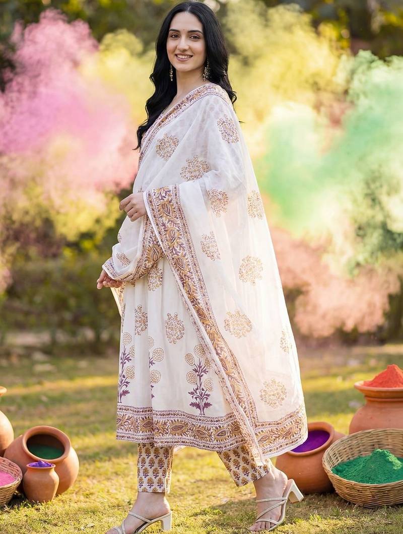 Women Ethnic Motifs Printed Regular Pure Cotton Kurta with Trousers & With Dupatta
