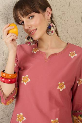 Floral Printed Round Neck Sequinned  Cotton Kurta With Trousers