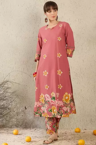 Floral Printed Round Neck Sequinned Pure Cotton Kurta With Trousers