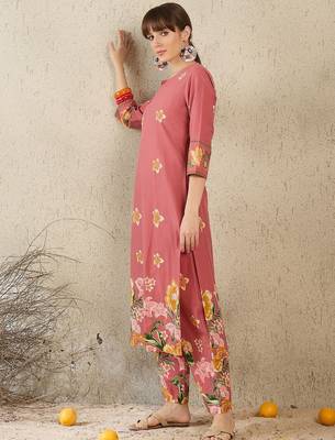 Floral Printed Round Neck Sequinned Pure Cotton Kurta With Trousers 3