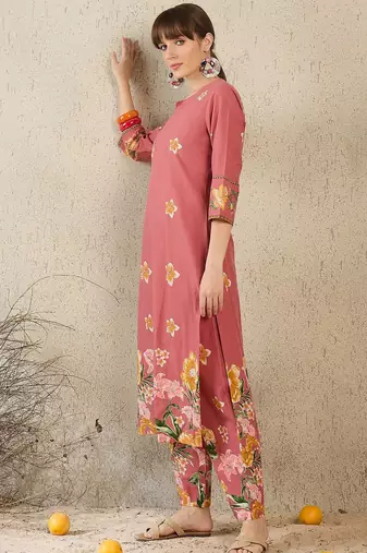 Floral Printed Round Neck Sequinned Pure Cotton Kurta With Trousers