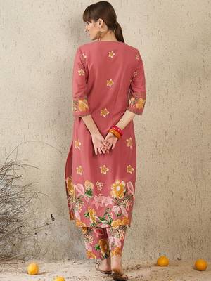 Floral Printed Round Neck Sequinned Pure Cotton Kurta With Trousers 4