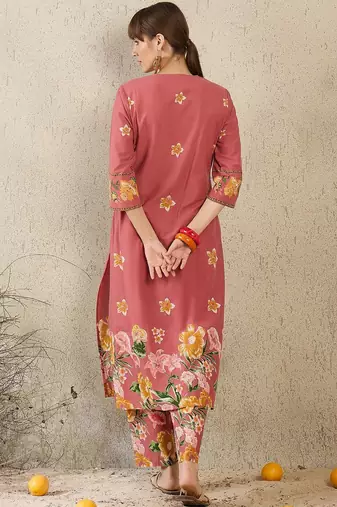 Floral Printed Round Neck Sequinned Pure Cotton Kurta With Trousers
