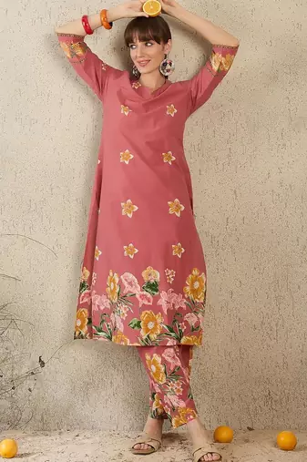 Floral Printed Round Neck Sequinned Pure Cotton Kurta With Trousers