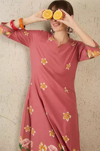 Floral Printed Round Neck Sequinned Pure Cotton Kurta With Trousers