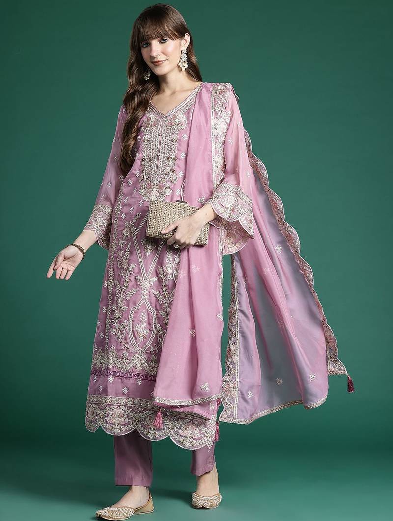 Ethnic Motifs Embroidered Sequinned Kurta With Trousers & Dupatta
