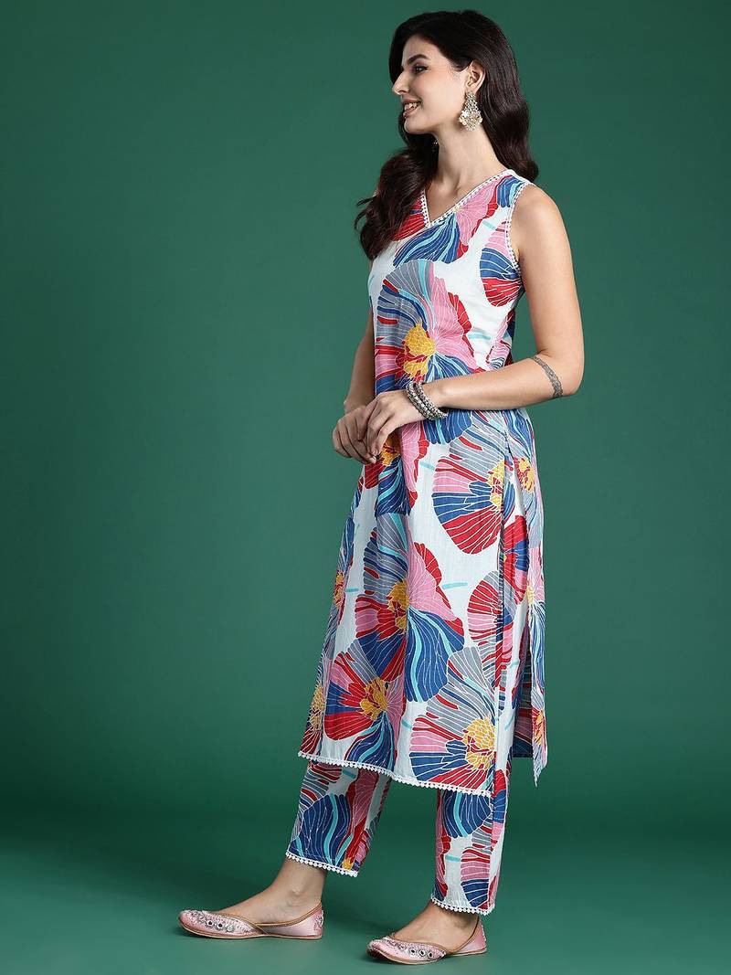 Floral Printed Pure Cotton Kurta with Trousers