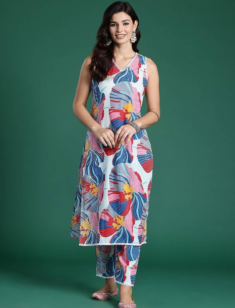 Floral Printed Pure Cotton Kurta with Trousers