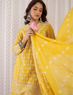Women Ethnic Motifs Embroidered Regular Thread Work Pure Cotton Kurta with Trousers & With Dupatta 2