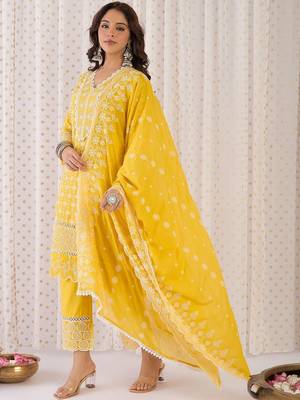 Women Ethnic Motifs Embroidered Regular Thread Work Pure Cotton Kurta with Trousers & With Dupatta 5