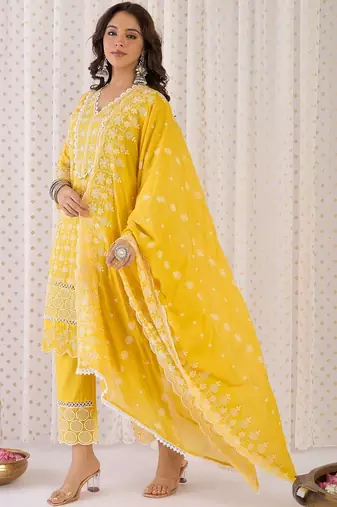Women Ethnic Motifs Embroidered Regular Thread Work Pure Cotton Kurta with Trousers & With Dupatta