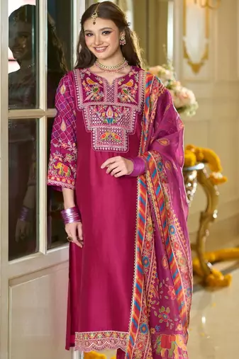 Ethnic Motifs Yoke Design Notch Neck Thread Work Kurta & Trousers With Dupatta