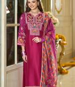 Ethnic Motifs Yoke Design Notch Neck Thread Work Kurta & Trousers With Dupatta