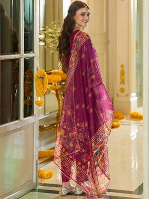 Ethnic Motifs Yoke Design Notch Neck Thread Work Kurta & Trousers With Dupatta 3