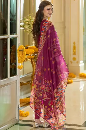 Ethnic Motifs Yoke Design Notch Neck Thread Work Kurta & Trousers With Dupatta