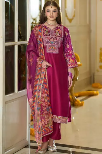 Ethnic Motifs Yoke Design Notch Neck Thread Work Kurta & Trousers With Dupatta