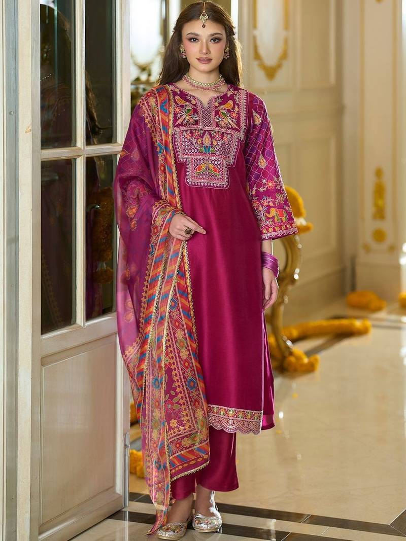Ethnic Motifs Yoke Design Notch Neck Thread Work Kurta & Trousers With Dupatta
