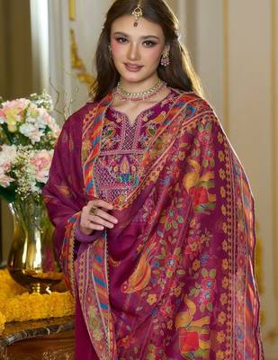 Ethnic Motifs Yoke Design Notch Neck Thread Work Kurta & Trousers With Dupatta 5