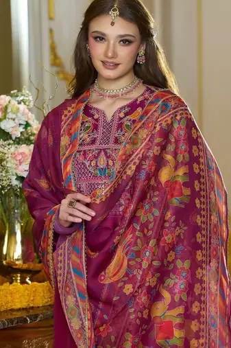 Ethnic Motifs Yoke Design Notch Neck Thread Work Kurta & Trousers With Dupatta