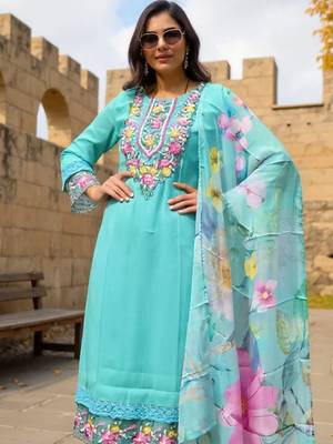 Floral Yoke Design Thread Work Straight Kurta With Trousers & Dupatta 1