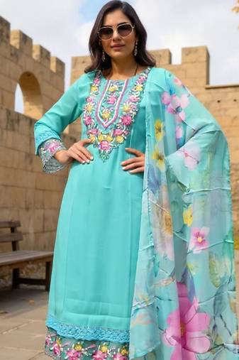 Floral Yoke Design Thread Work Straight Kurta With Trousers & Dupatta
