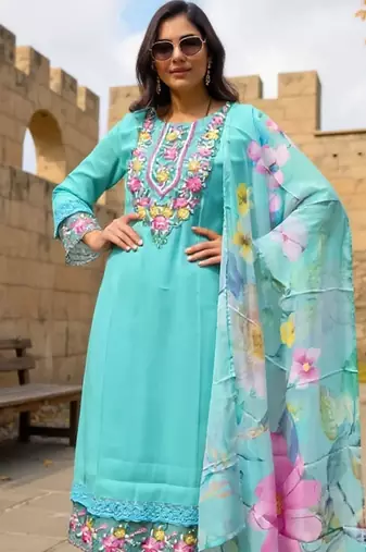 Floral Yoke Design Thread Work Straight Kurta With Trousers & Dupatta