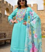 Floral Yoke Design Thread Work Straight Kurta With Trousers & Dupatta