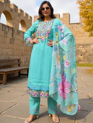 Floral Yoke Design Thread Work Straight Kurta With Trousers & Dupatta 2