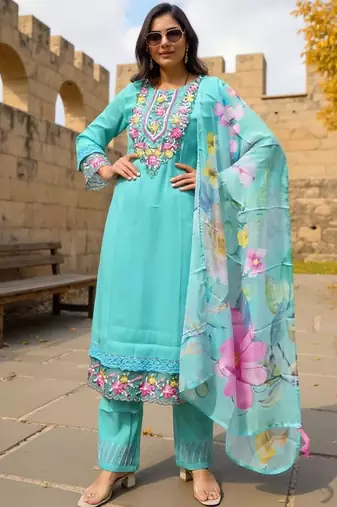 Floral Yoke Design Thread Work Straight Kurta With Trousers & Dupatta