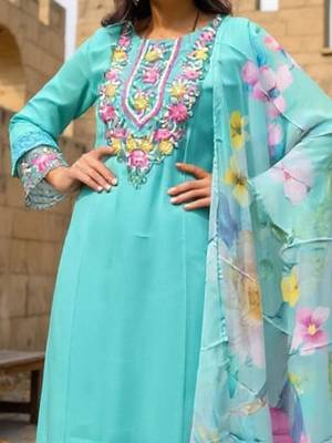 Floral Yoke Design Thread Work Straight Kurta With Trousers & Dupatta 3