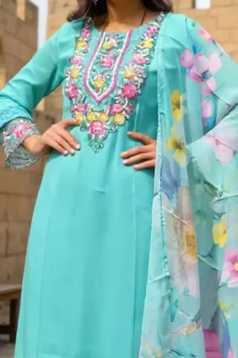 Floral Yoke Design Thread Work Straight Kurta With Trousers & Dupatta