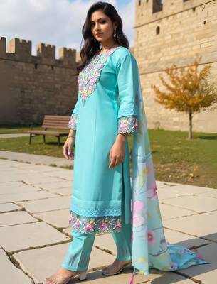 Floral Yoke Design Thread Work Straight Kurta With Trousers & Dupatta 4