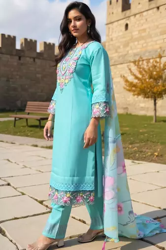 Floral Yoke Design Thread Work Straight Kurta With Trousers & Dupatta