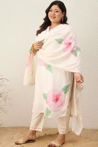Plus Size Floral Printed Regular Linen Kurta with Trousers & With Dupatta