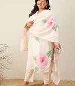 Plus Size Floral Printed Regular Linen Kurta with Trousers & With Dupatta