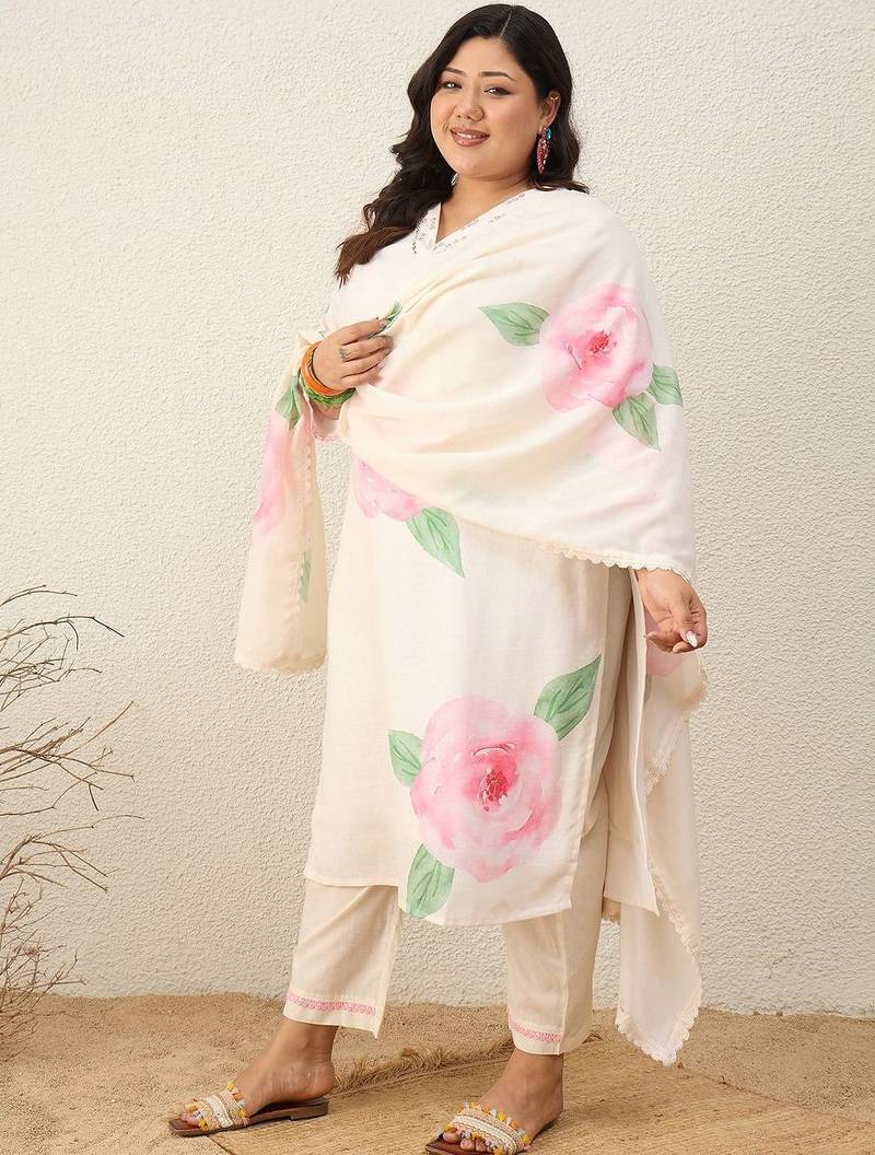 Plus Size Floral Printed Regular Linen Kurta with Trousers & With Dupatta