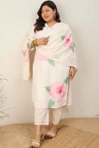 Plus Size Floral Printed Regular Linen Kurta with Trousers & With Dupatta
