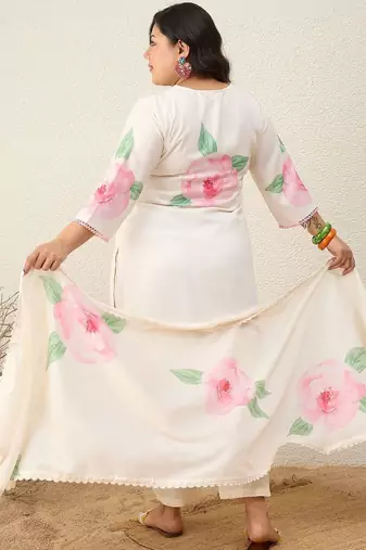 Plus Size Floral Printed Regular Linen Kurta with Trousers & With Dupatta