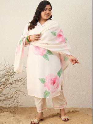 Plus Size Floral Printed Regular Linen Kurta with Trousers & With Dupatta 6