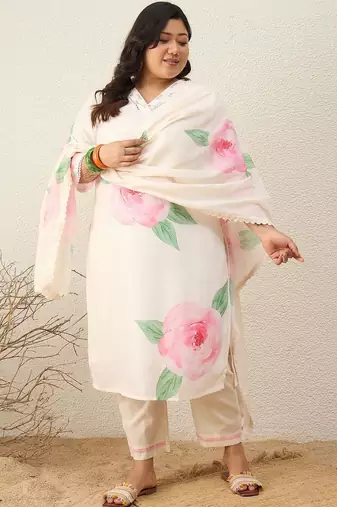 Plus Size Floral Printed Regular Linen Kurta with Trousers & With Dupatta