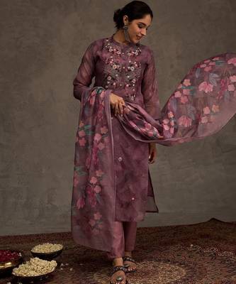 Floral Embroidered Thread Work Chanderi Cotton Kurta with Trousers & Dupatta 1