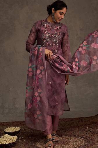 Floral Embroidered Thread Work Chanderi Cotton Kurta with Trousers & Dupatta