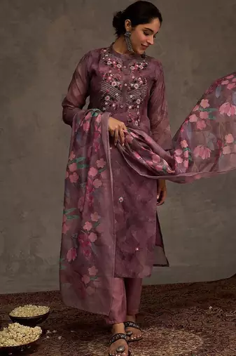 Floral Embroidered Thread Work Chanderi Cotton Kurta with Trousers & Dupatta