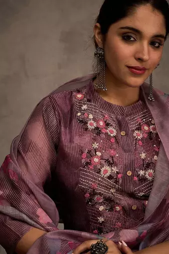 Floral Embroidered Thread Work Chanderi Cotton Kurta with Trousers & Dupatta