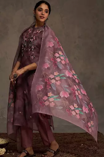 Floral Embroidered Thread Work Chanderi Cotton Kurta with Trousers & Dupatta