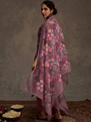 Floral Embroidered Thread Work Chanderi Cotton Kurta with Trousers & Dupatta 4