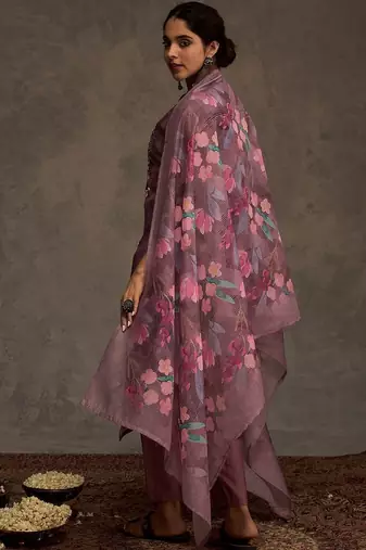 Floral Embroidered Thread Work Chanderi Cotton Kurta with Trousers & Dupatta