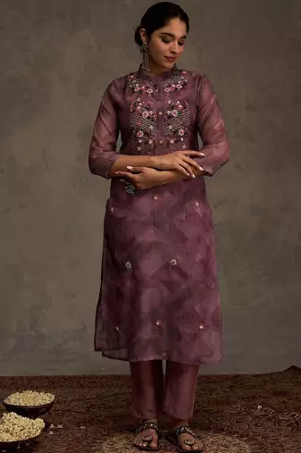 Floral Embroidered Thread Work Chanderi Cotton Kurta with Trousers & Dupatta
