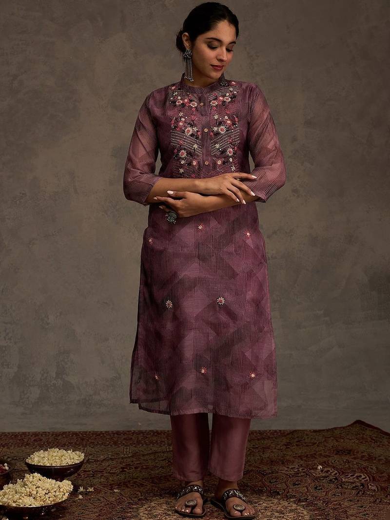 Floral Embroidered Thread Work Chanderi Cotton Kurta with Trousers & Dupatta